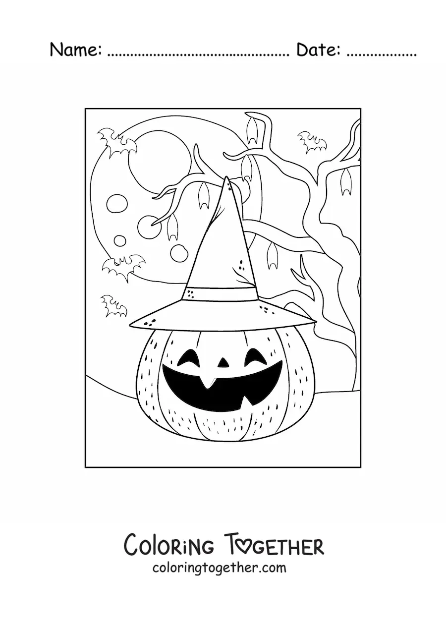 Coloring page of a kawaii Halloween pumpkin with a hat