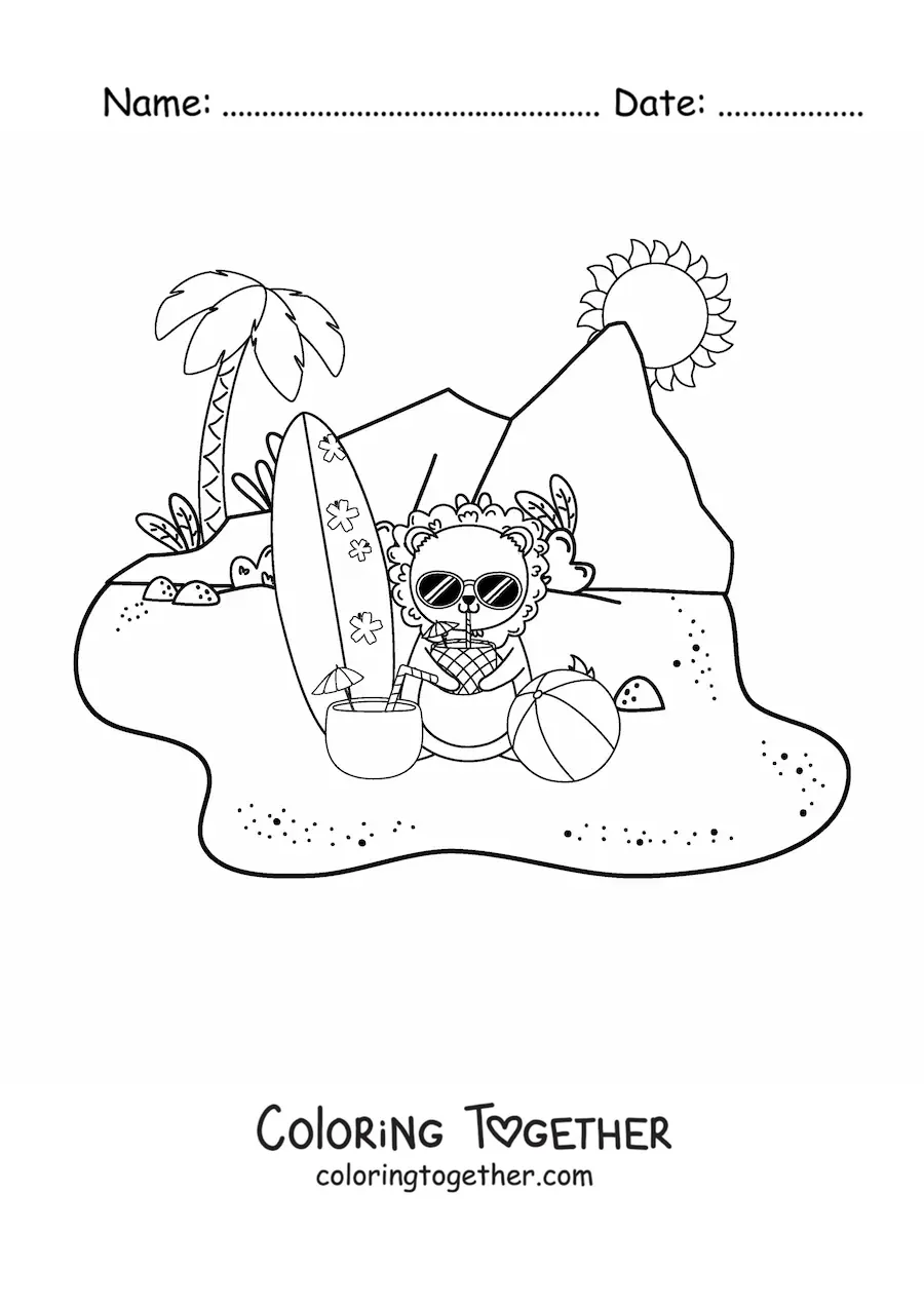 Coloring page of a cartoon lion at the beach drinking pineapple juice