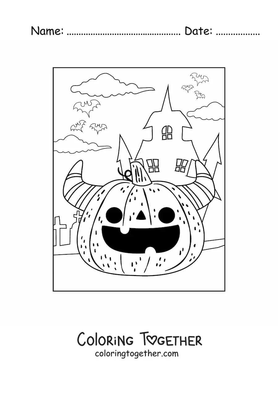 Coloring page of a scary kawaii Halloween pumpkin