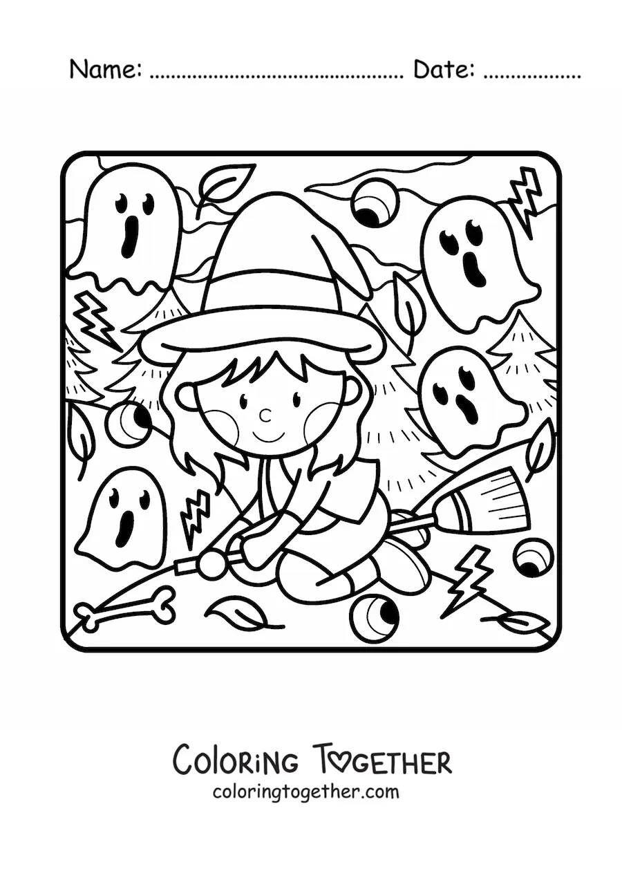Coloring page of a kawaii witch flying on a broom