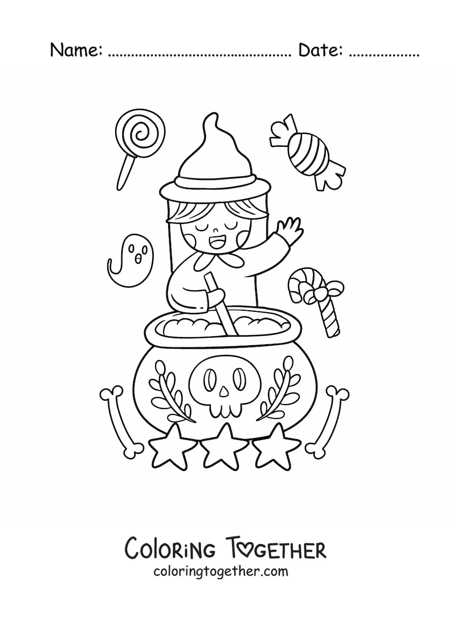Coloring page of a kawaii witch with a cauldron
