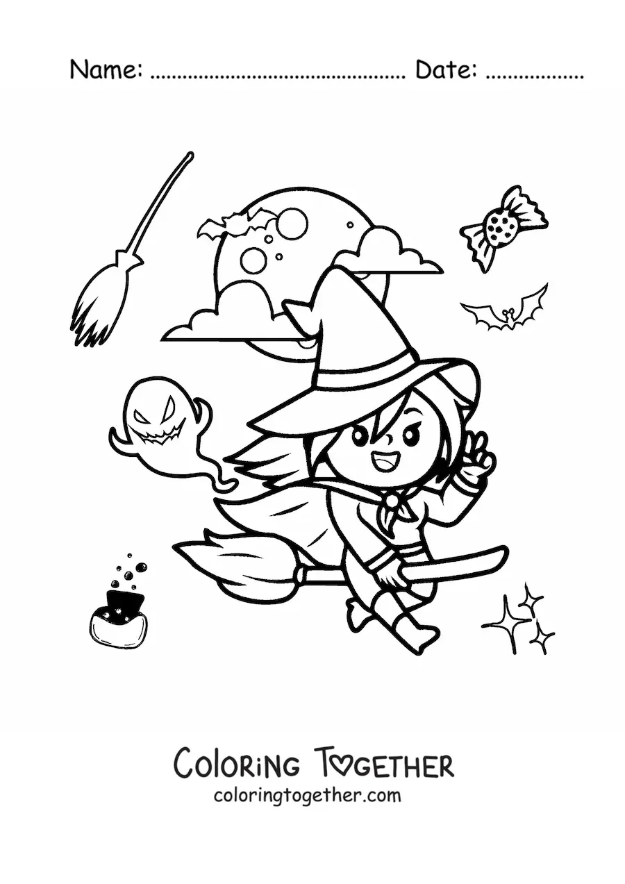 Coloring page of an animated witch flying on a broom