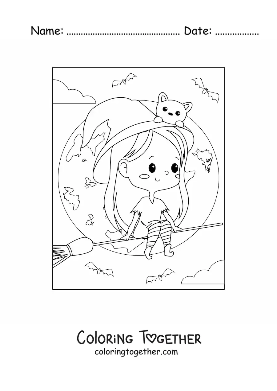 Coloring page of a kawaii Halloween witch flying on a broom with a cat