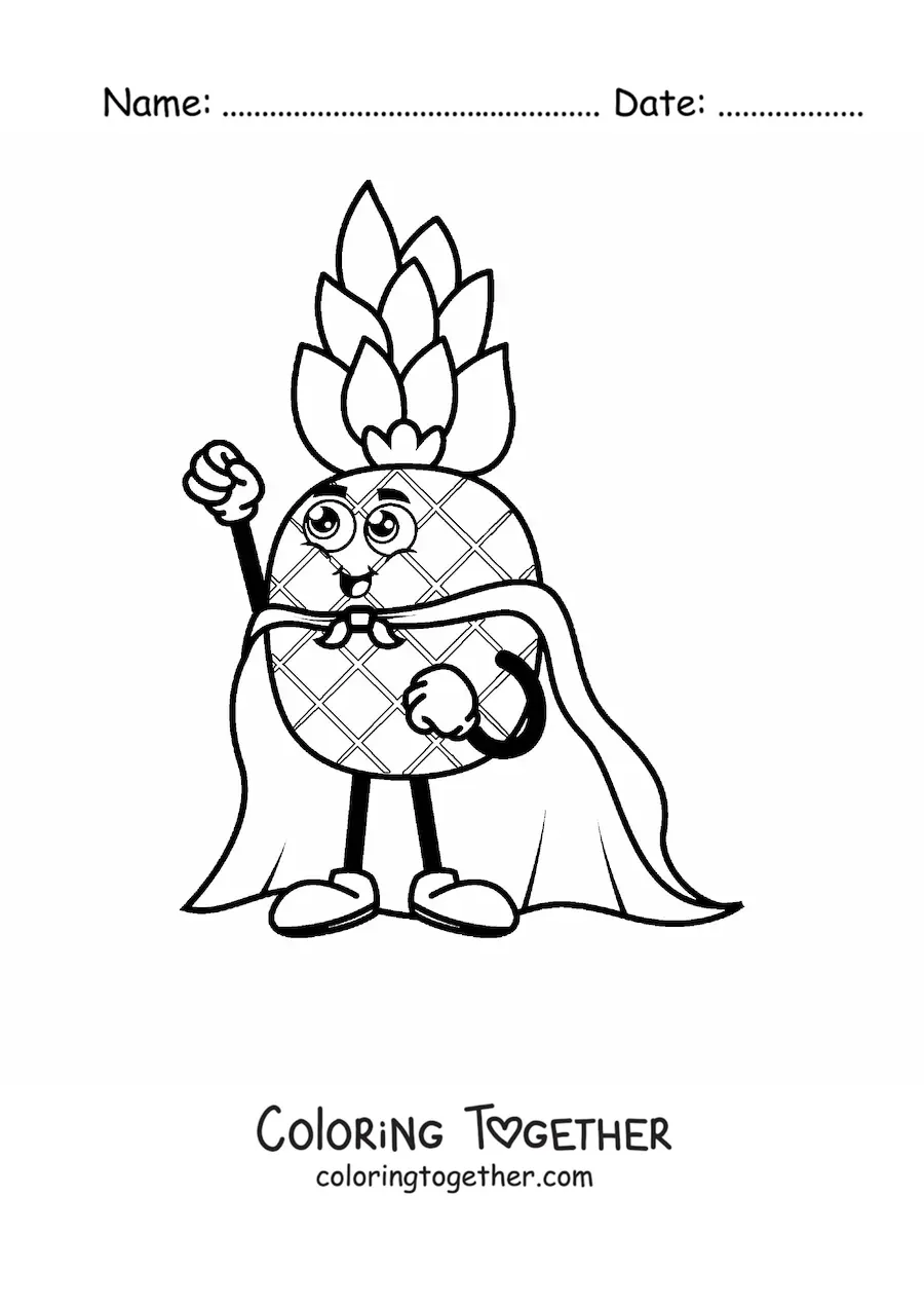 Coloring page of a cartoon pineapple with a cape