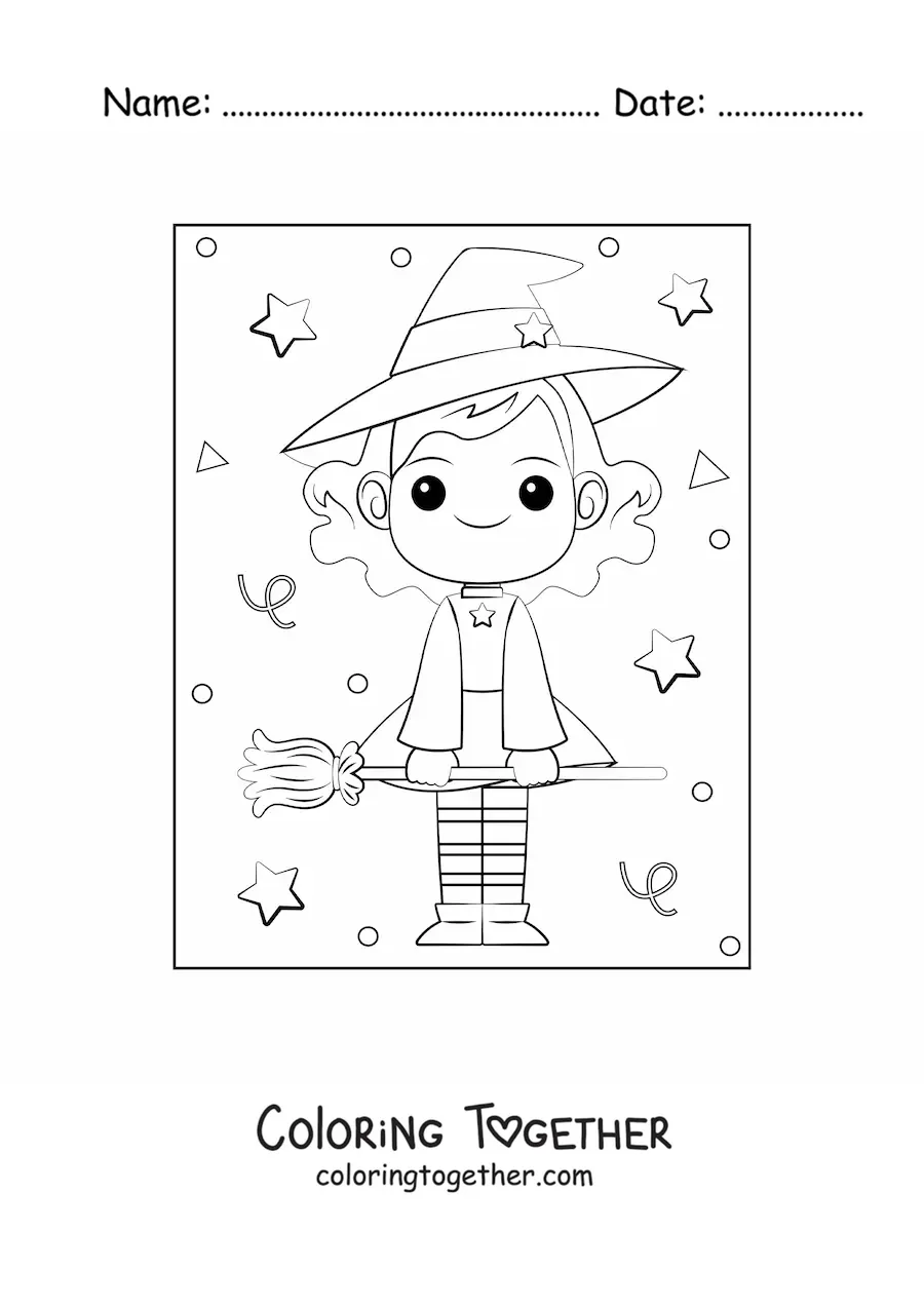 Coloring page of a kawaii witch with a broom