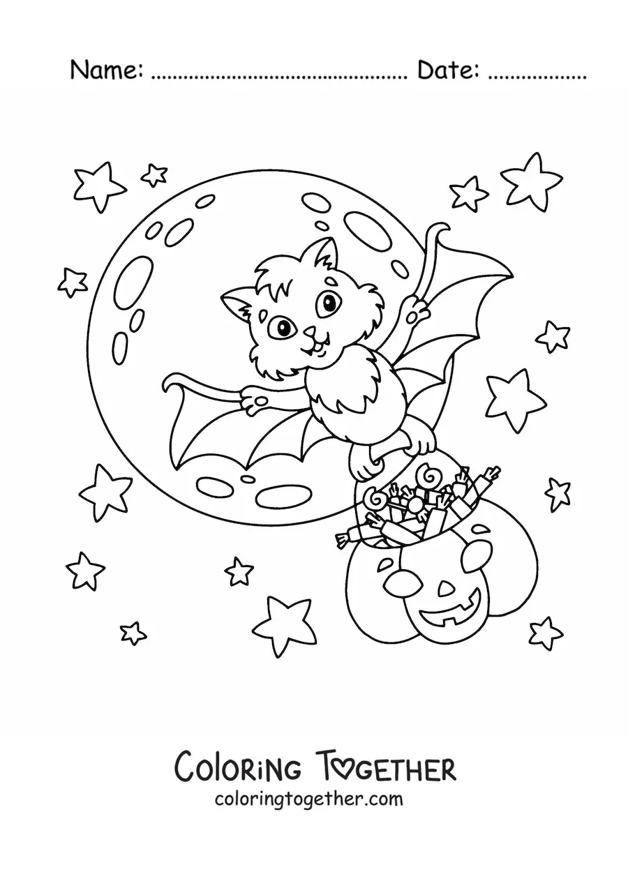 Coloring page of a kawaii bat with a pumpkin full of Halloween candy