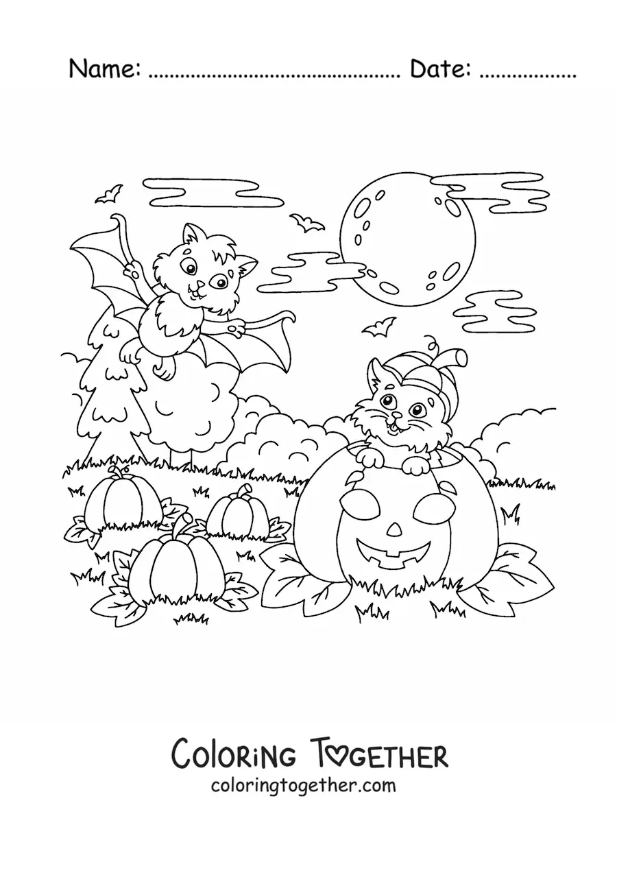 Coloring page of a kawaii bat with a cat and a Halloween pumpkin
