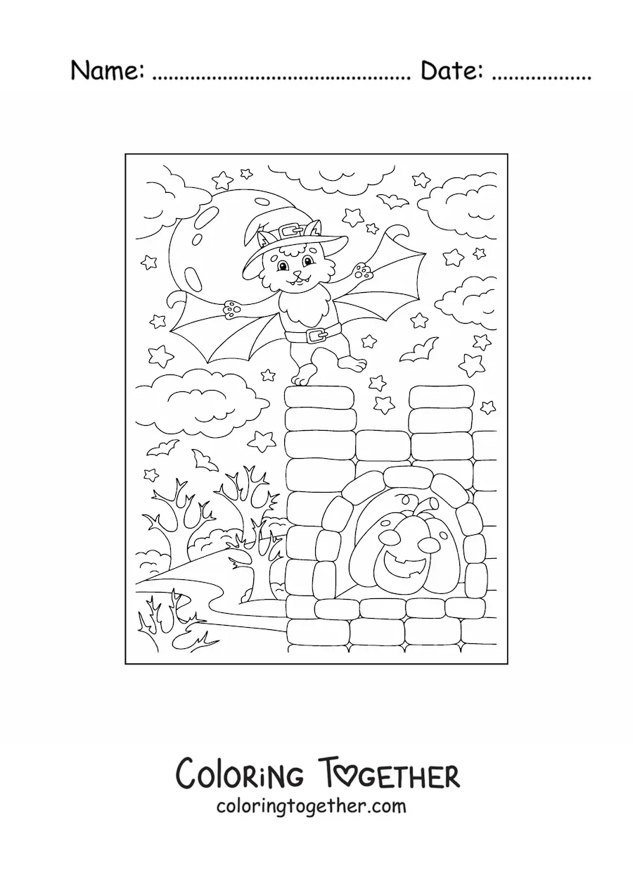 Coloring page of a cat dressed as a kawaii bat with a Halloween pumpkin
