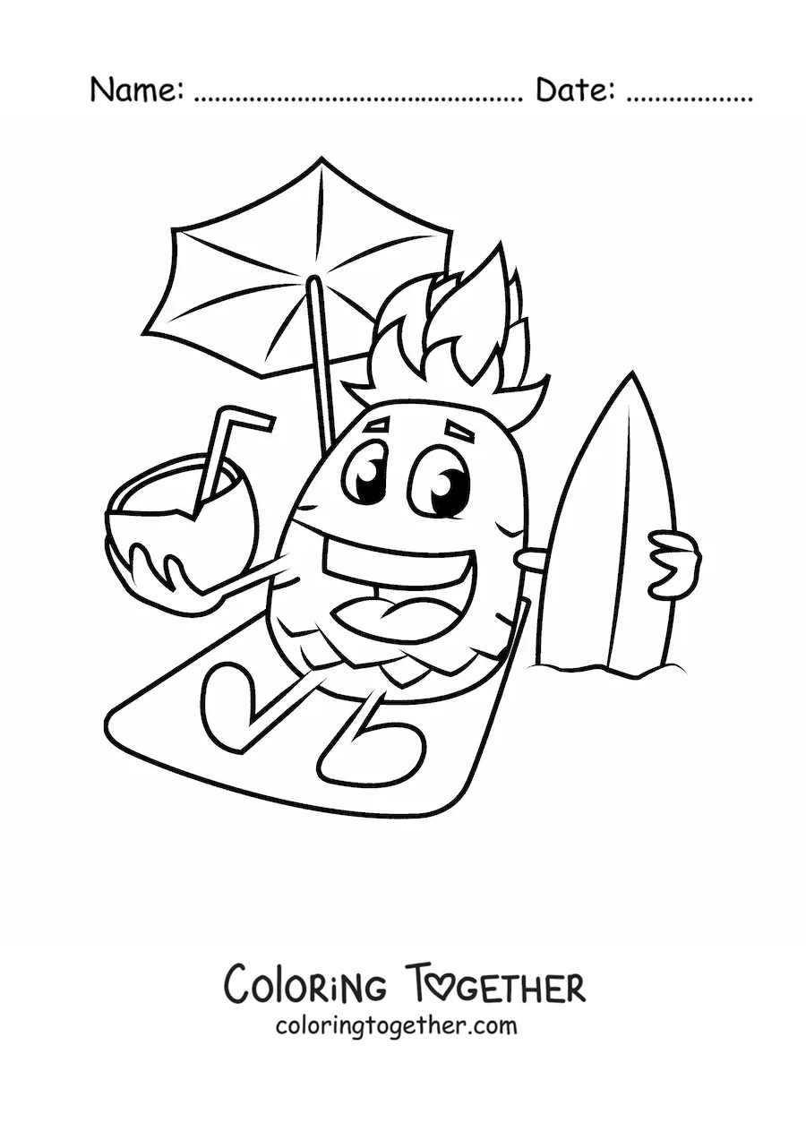 Coloring page of a cartoon pineapple at the beach holding a coconut