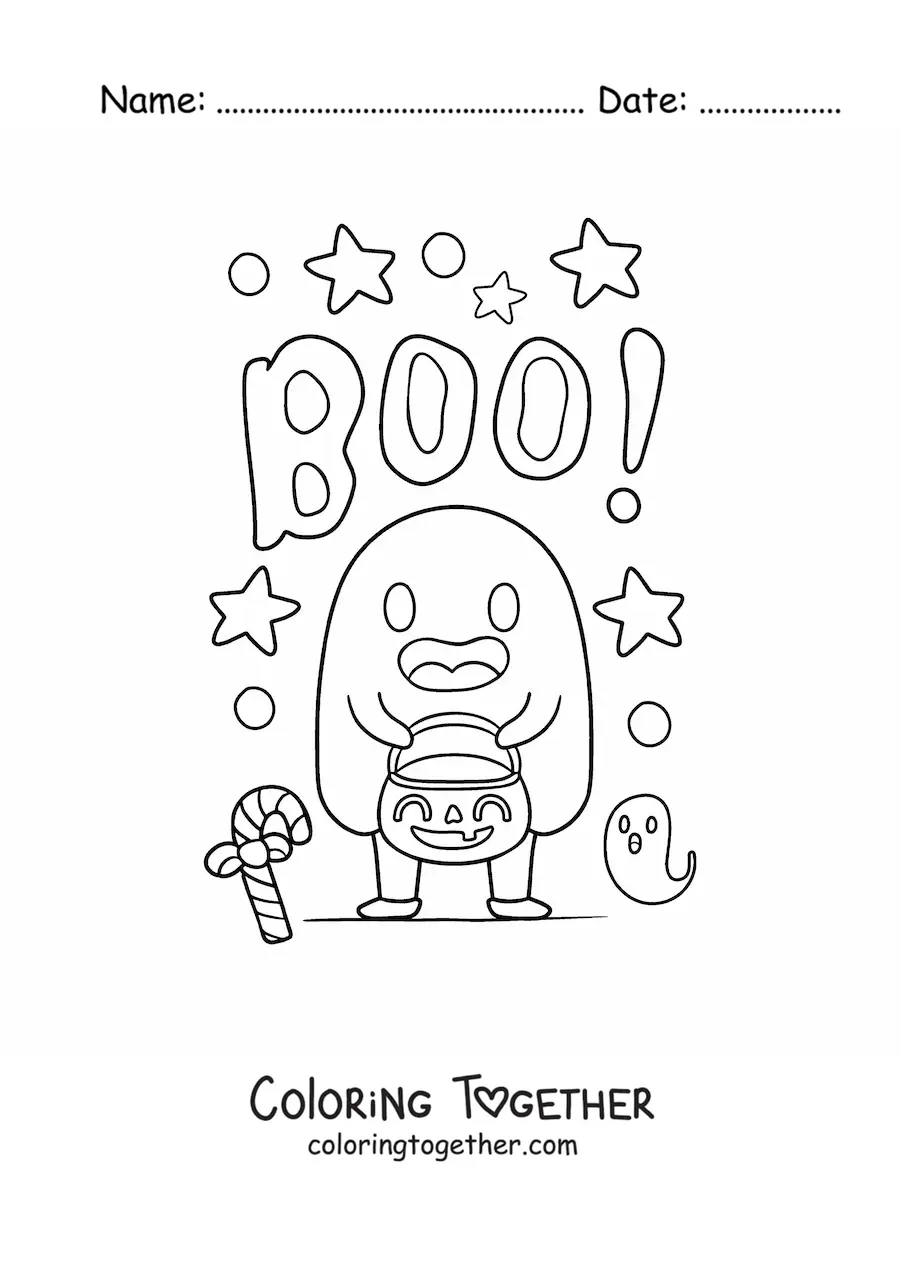 Coloring page of a boy dressed as a ghost on Halloween
