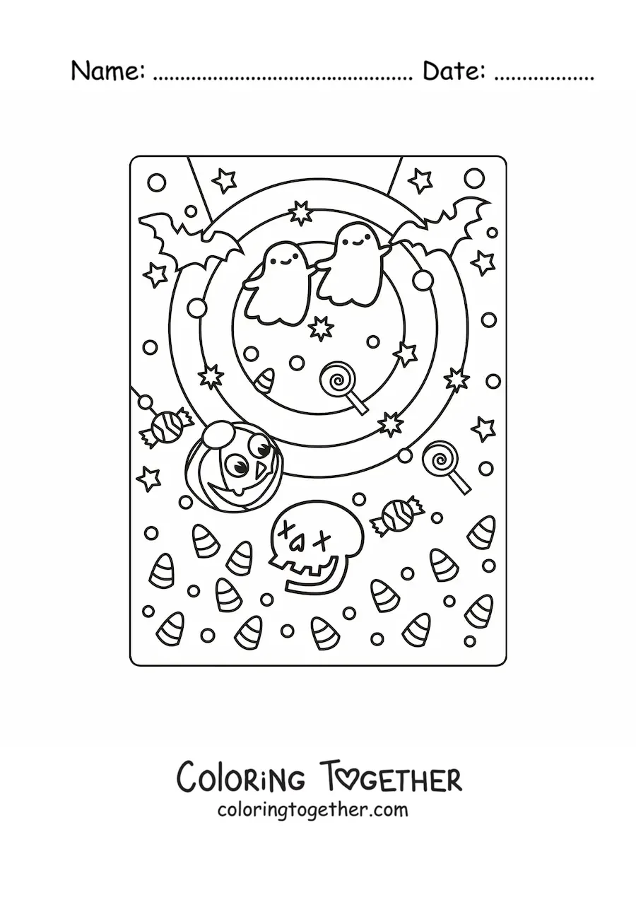 Coloring page of kawaii ghosts with a skull and bats