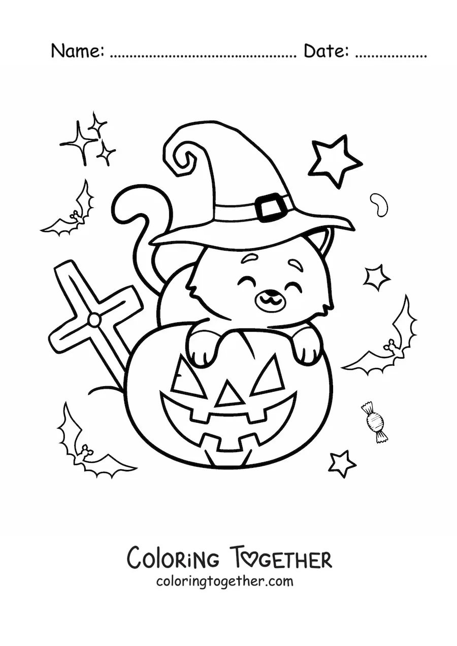 Coloring page of a kawaii cat with a witch hat and a Halloween pumpkin