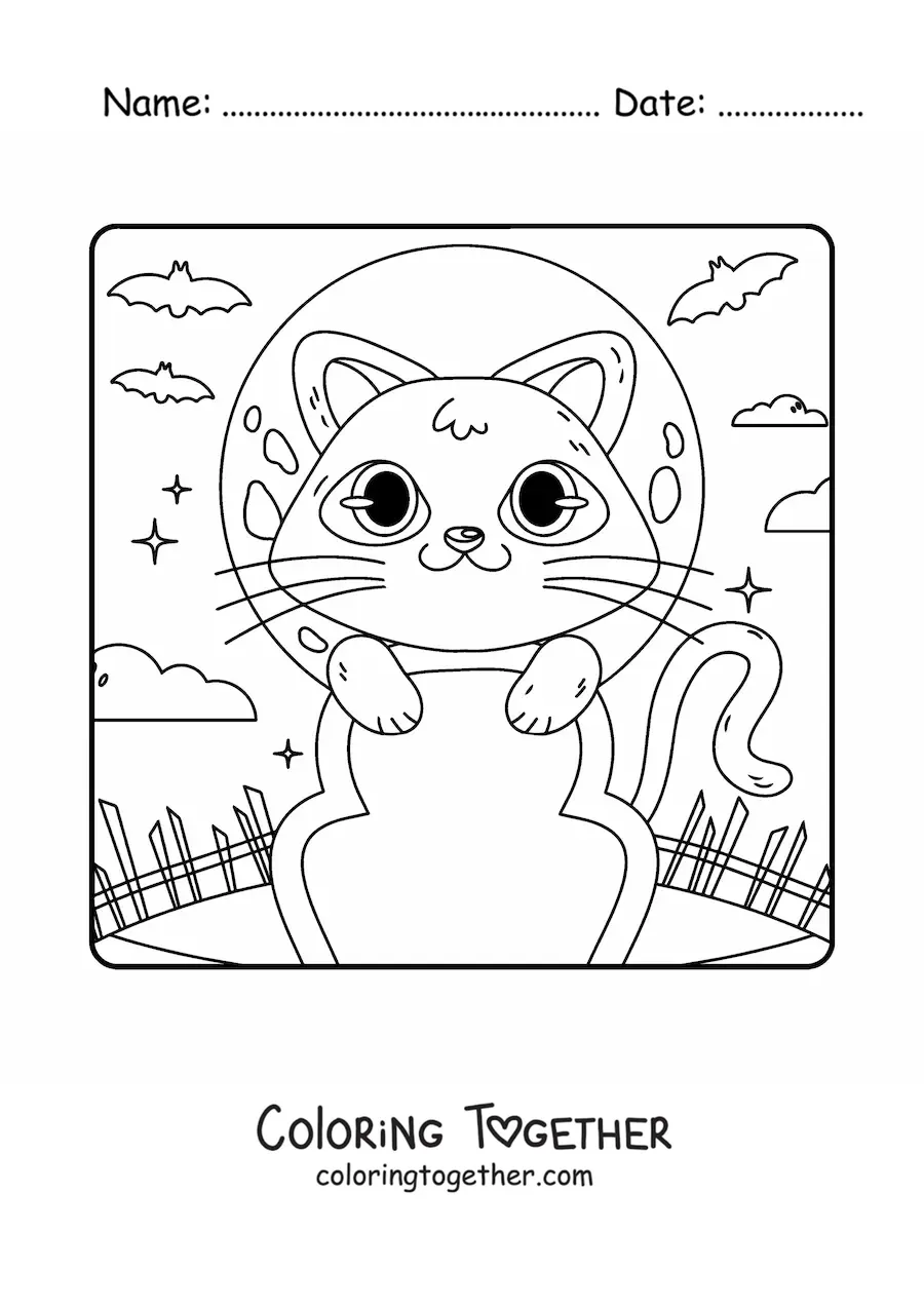 Coloring page of a kawaii cat on a grave on Halloween