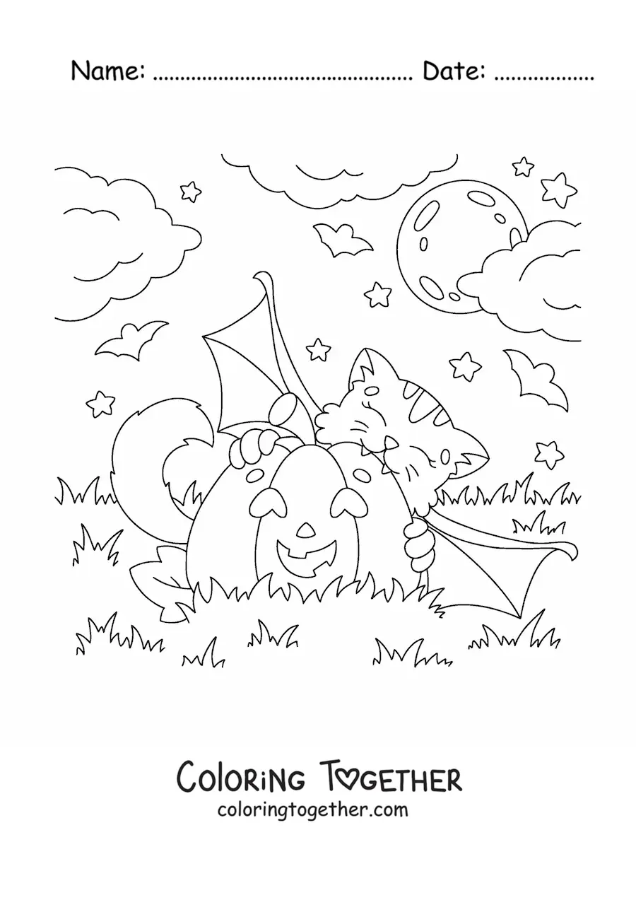 Coloring page of a kawaii cat biting a Halloween pumpkin