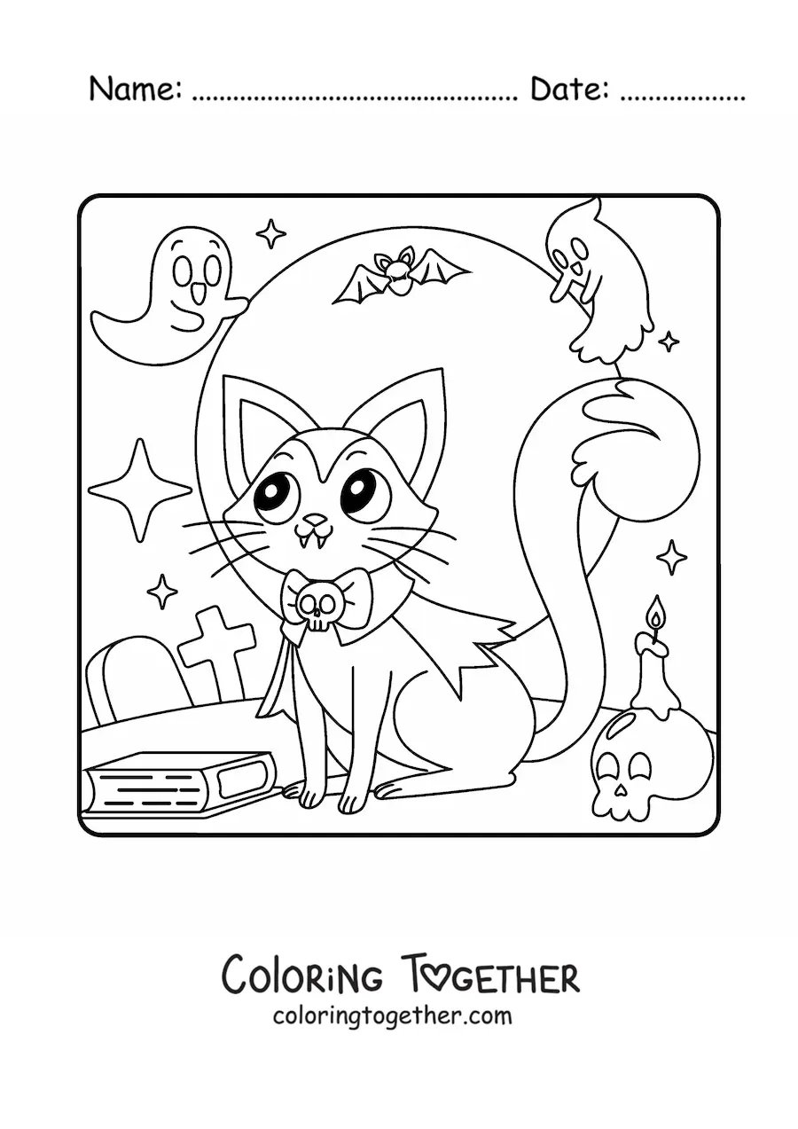 Coloring page of a kawaii Halloween vampire cat
