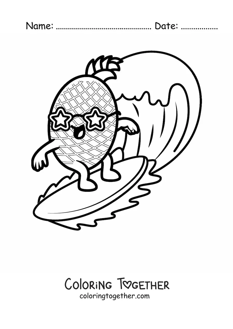 Coloring page of a cartoon pineapple surfing with star-shaped sunglasses