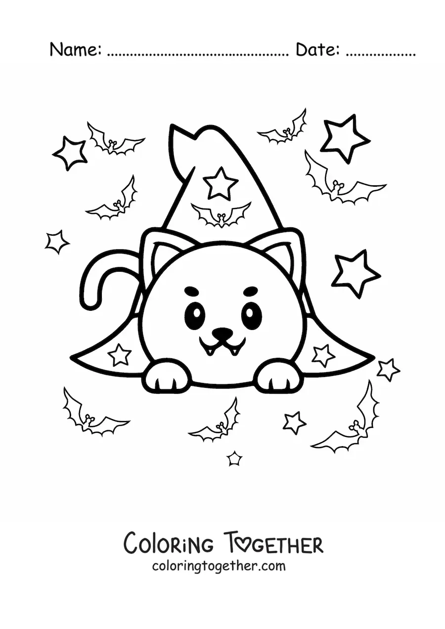 Coloring page of a kawaii cat in a witch hat