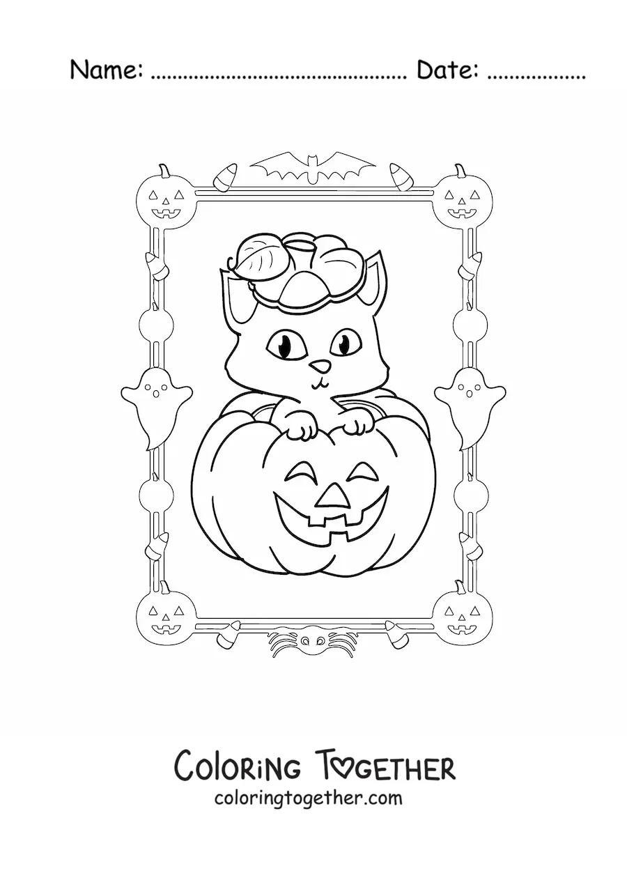 Coloring page of a Halloween pumpkin with a kitten