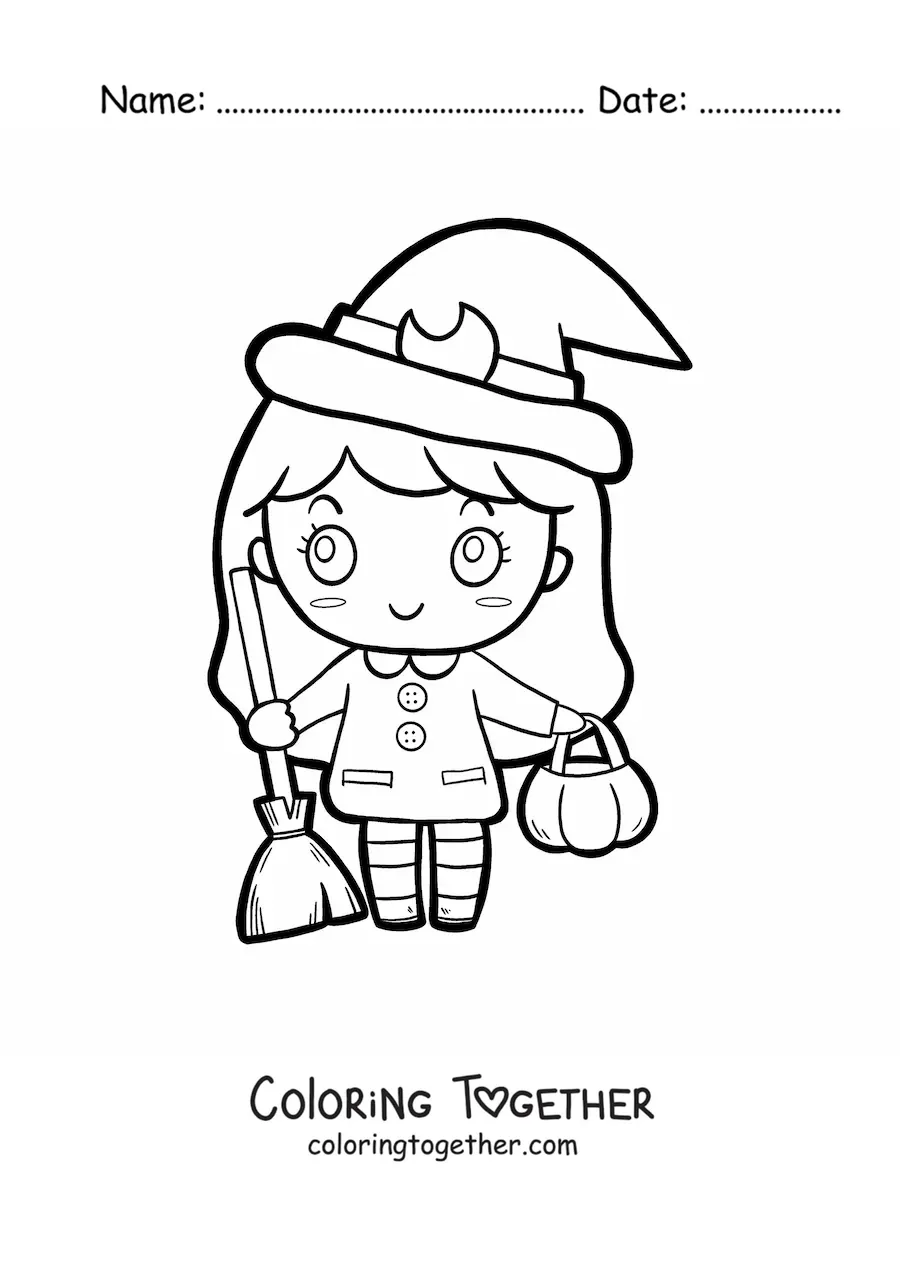 Coloring page of a kawaii girl dressed as a little witch