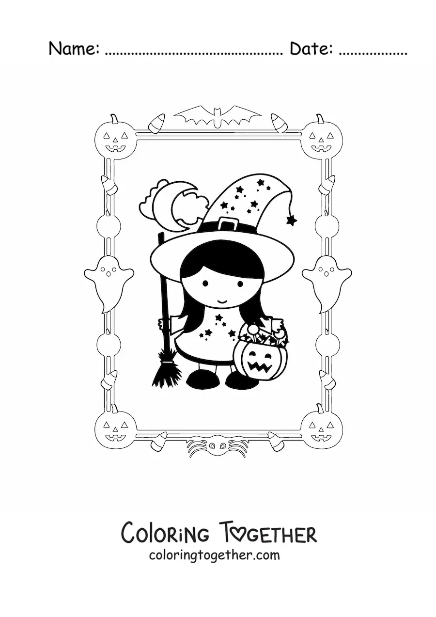 Coloring page of a girl dressed as a little witch