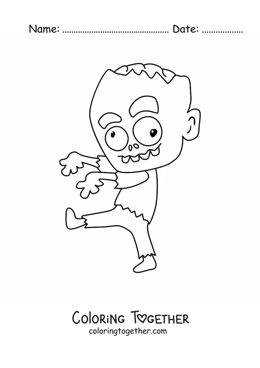 Coloring page of an animated zombie walking
