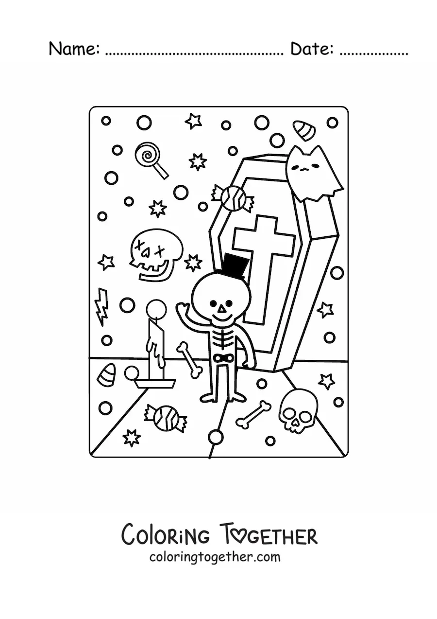 Coloring page of a grave with a kawaii Halloween skeleton