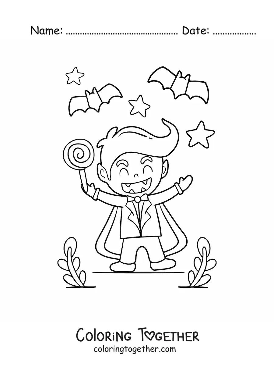 Coloring page of a kawaii vampire on Halloween