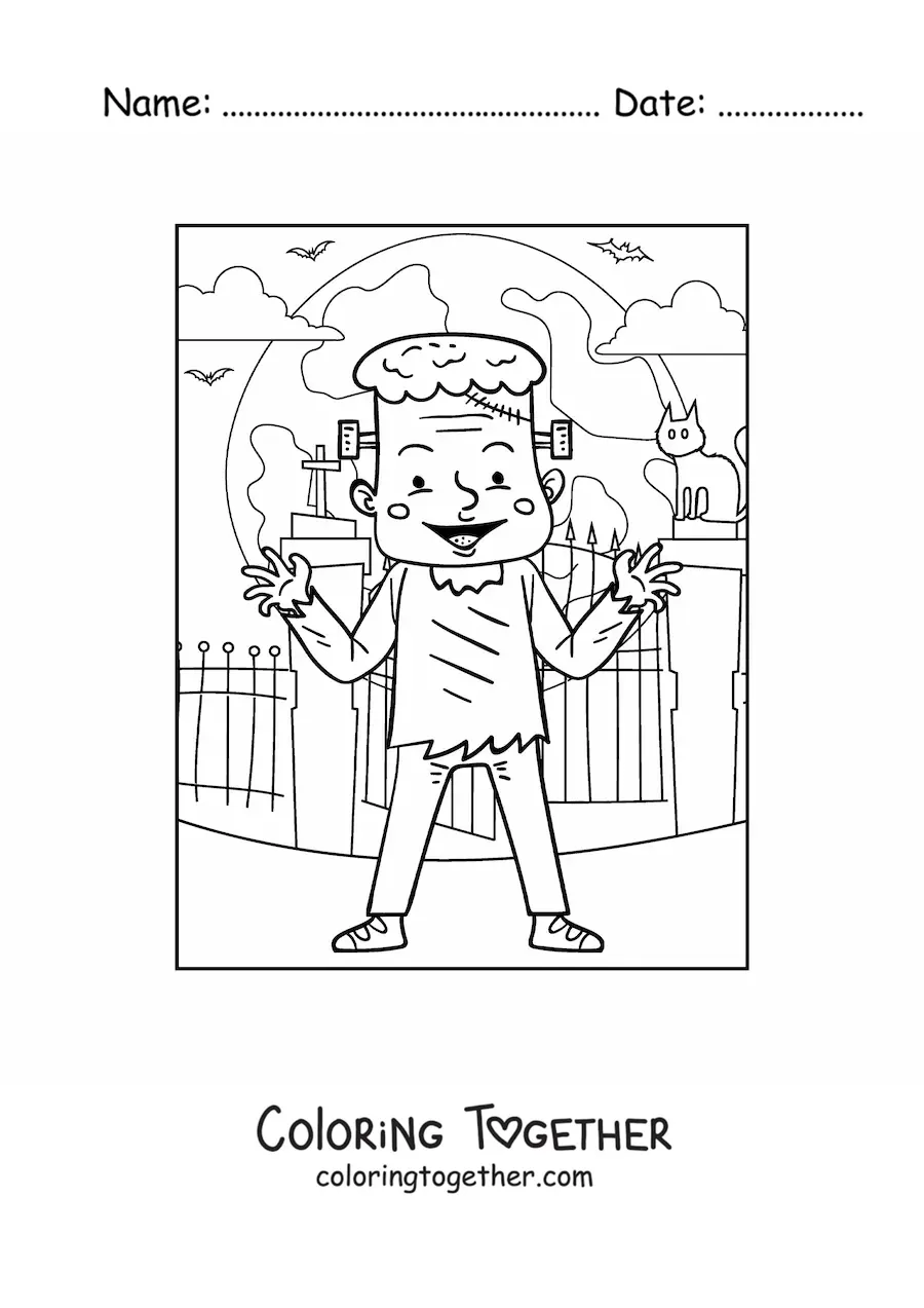 Coloring page of an animated Frankenstein on Halloween night