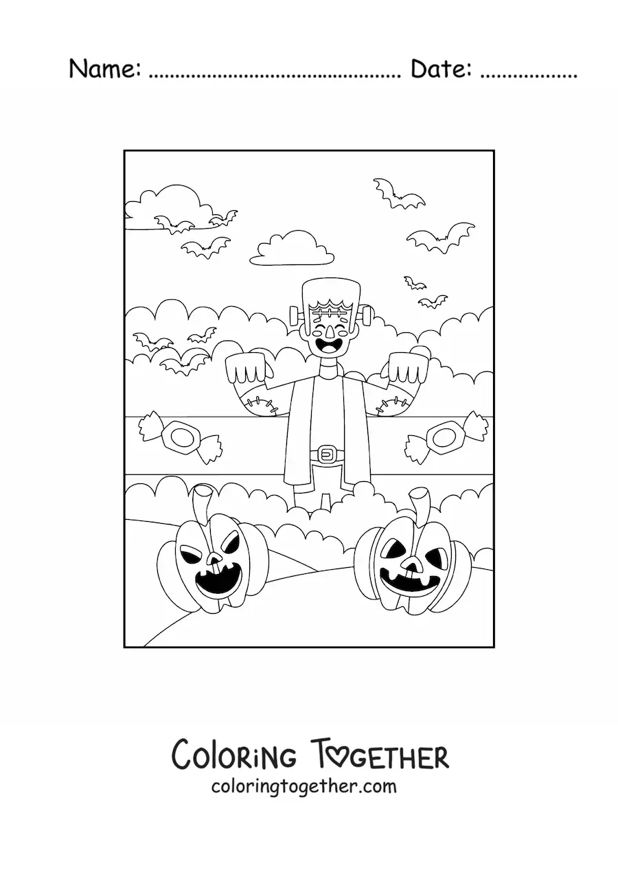 Coloring page of an animated kawaii Frankenstein with bats and a Halloween pumpkin