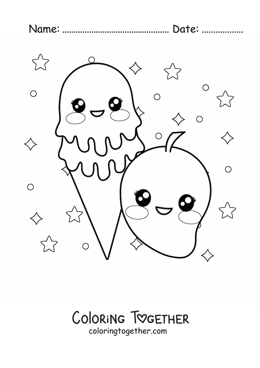 Coloring page of a kawaii mango ice cream with a mango beside it and stars in the background
