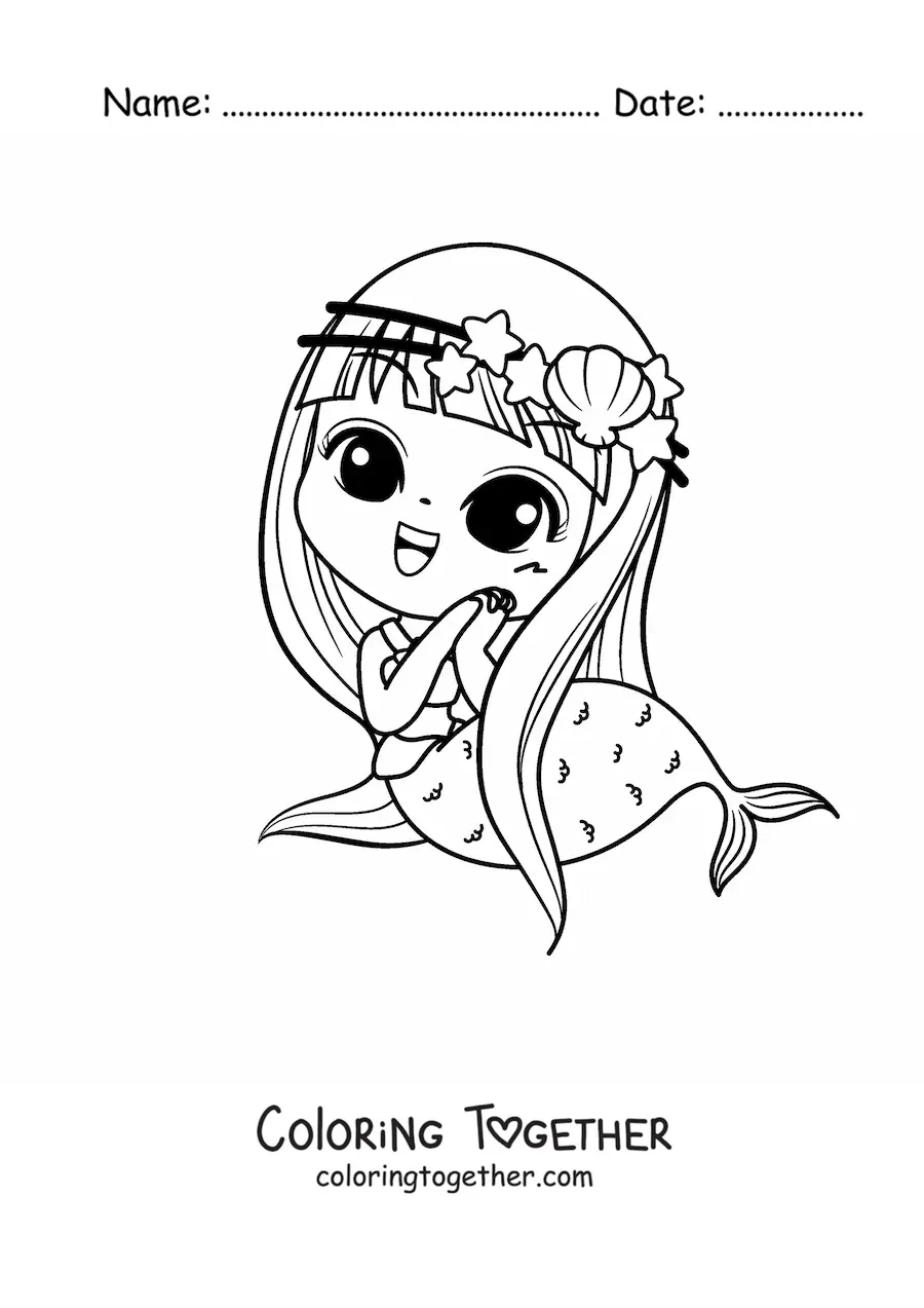 Coloring page of a cute chibi kawaii mermaid
