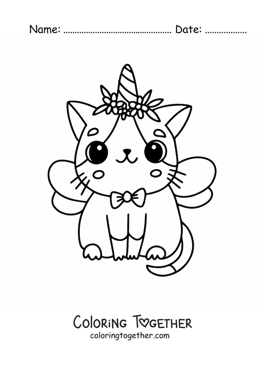 Coloring page of a cute kawaii caticorn with wings