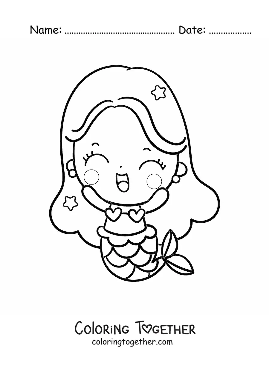 Coloring page of an easy cute kawaii mermaid