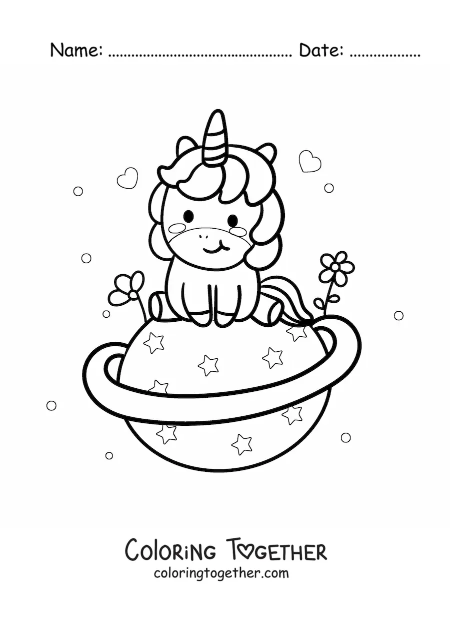 Coloring page of a cute kawaii unicorn sitting on a planet