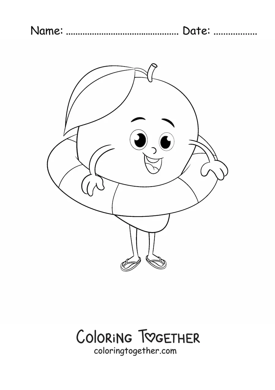 Coloring page of a cartoon mango with a life ring
