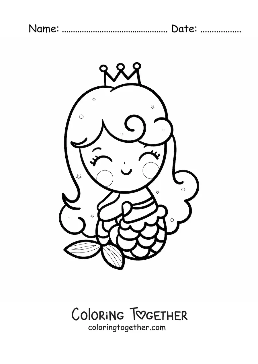 Coloring page of a cute kawaii mermaid sitting