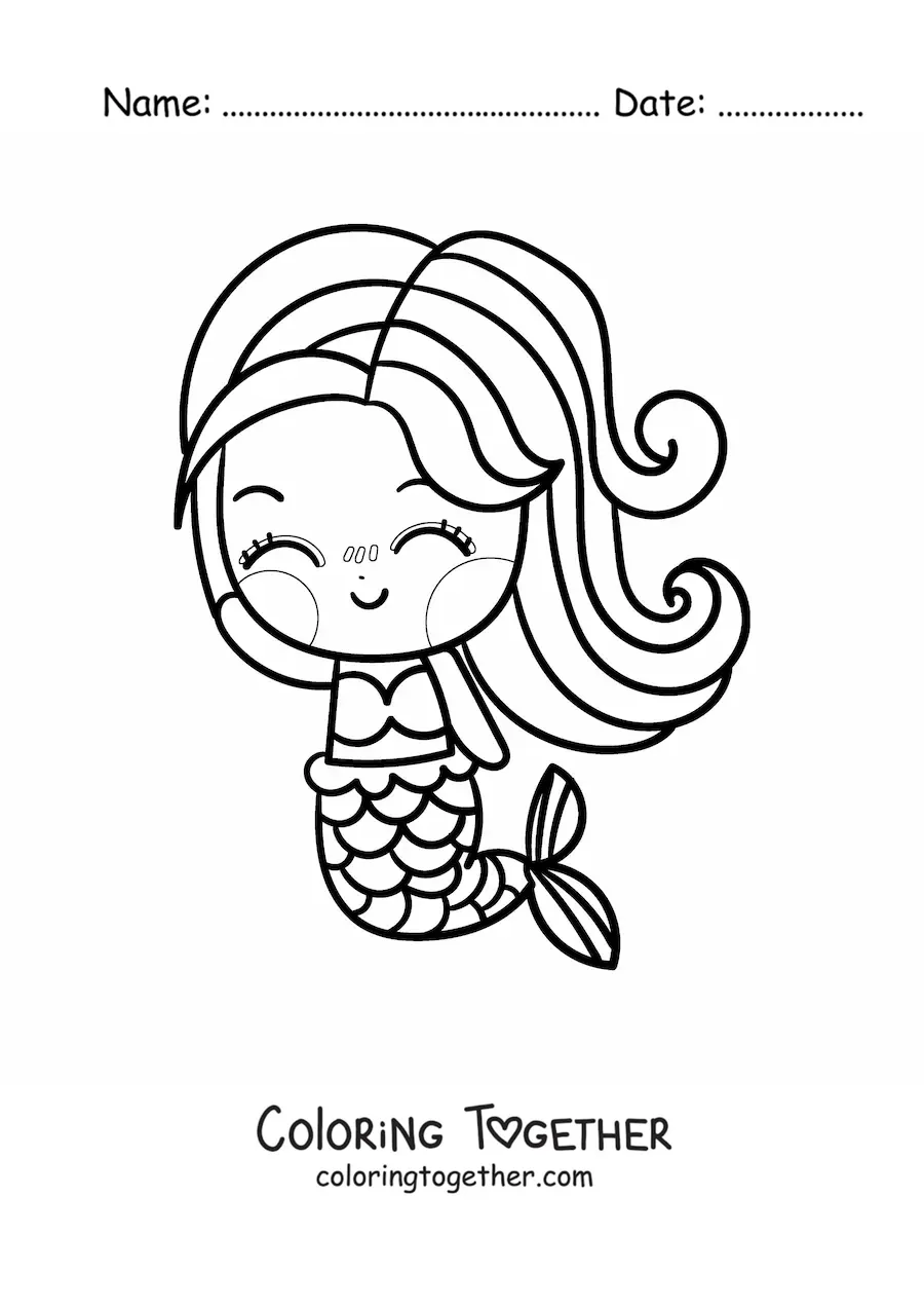 Coloring page of a cute kawaii mermaid laughing