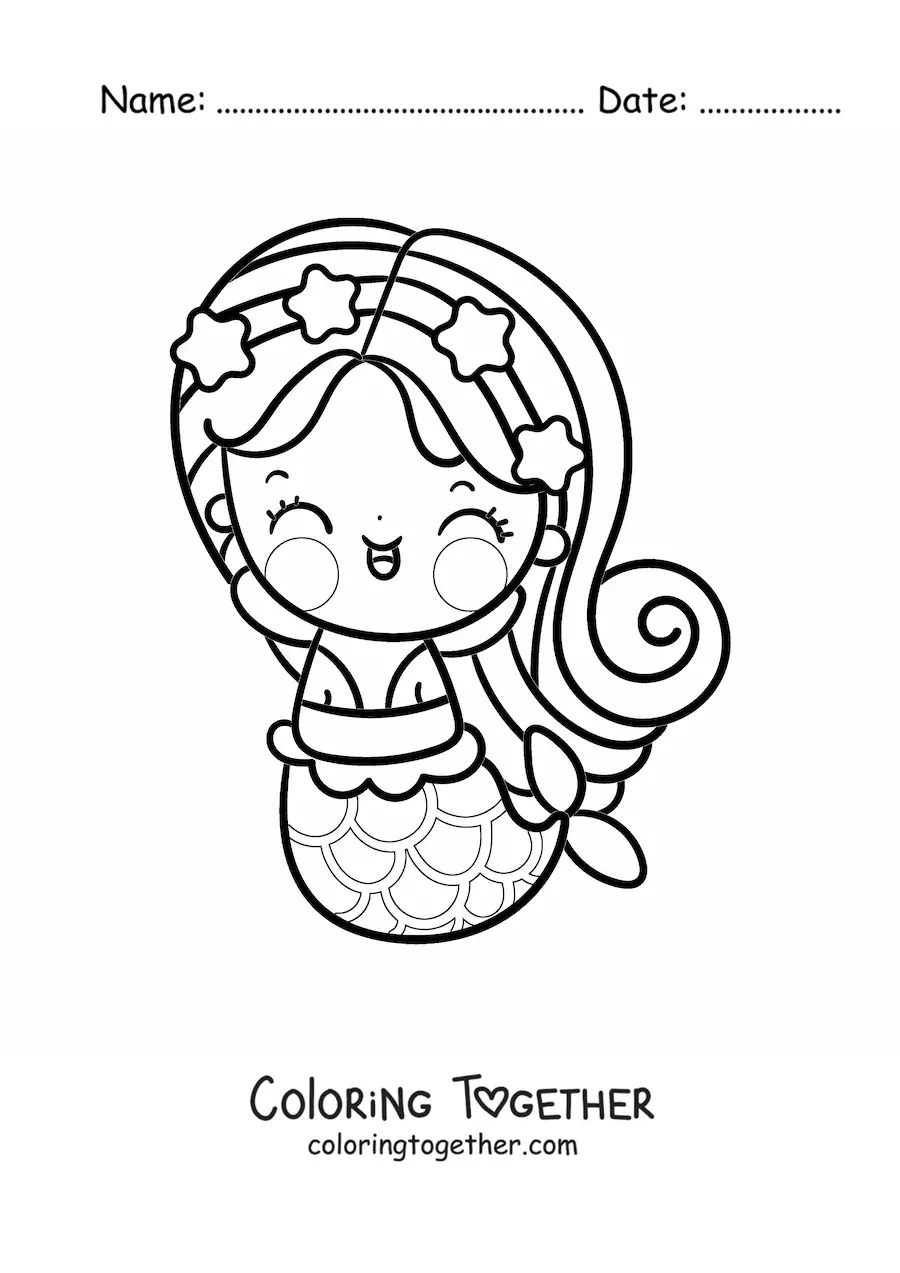 Coloring page of a cute kawaii mermaid with a crown of stars