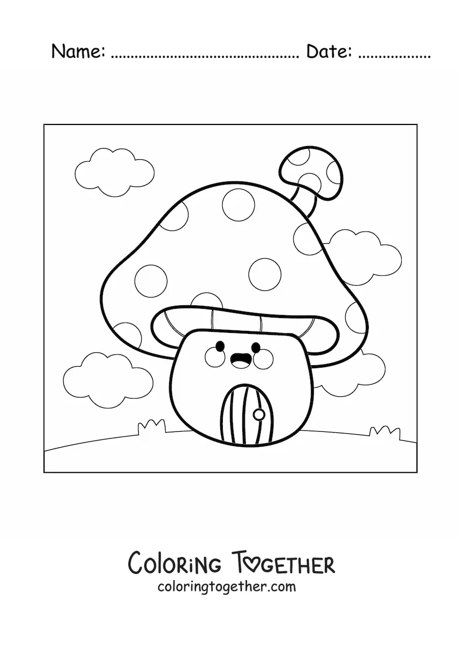 Coloring page of a cute kawaii animated mushroom house