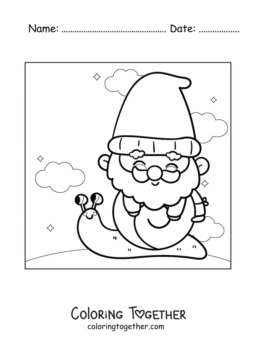 Coloring page of a cute kawaii gnome on a snail