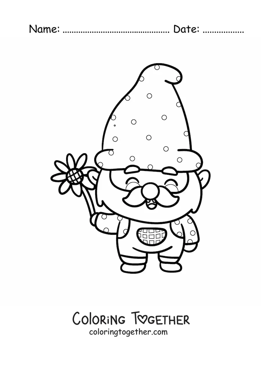 Coloring page of a cute kawaii gnome with a flower