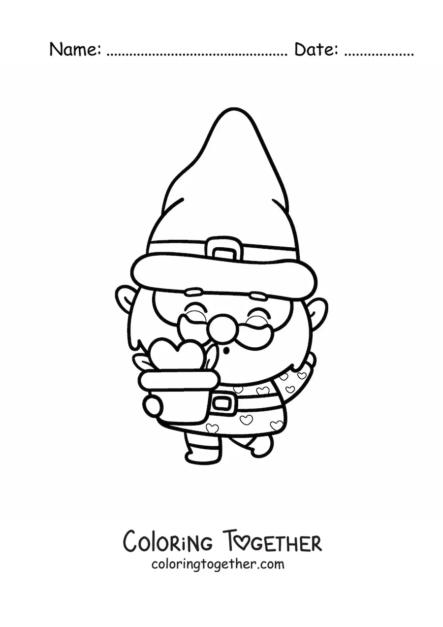 Coloring page of a cute kawaii gnome with a plant