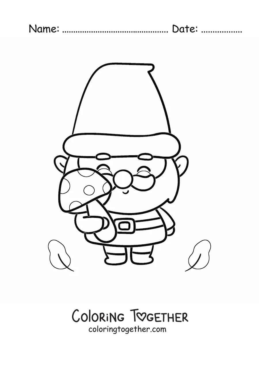 Coloring page of a cute kawaii gnome with a mushroom