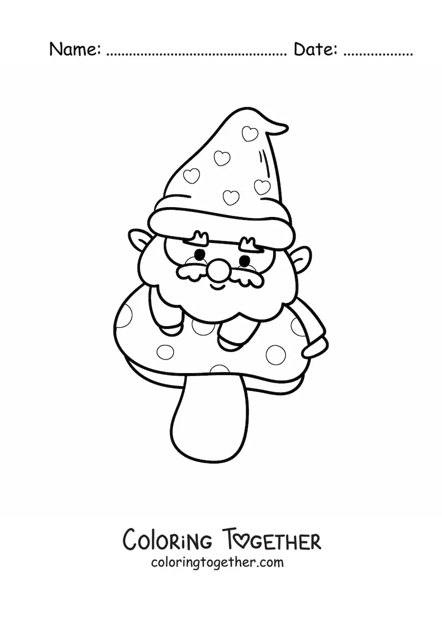 Coloring page of a cute kawaii gnome on a mushroom