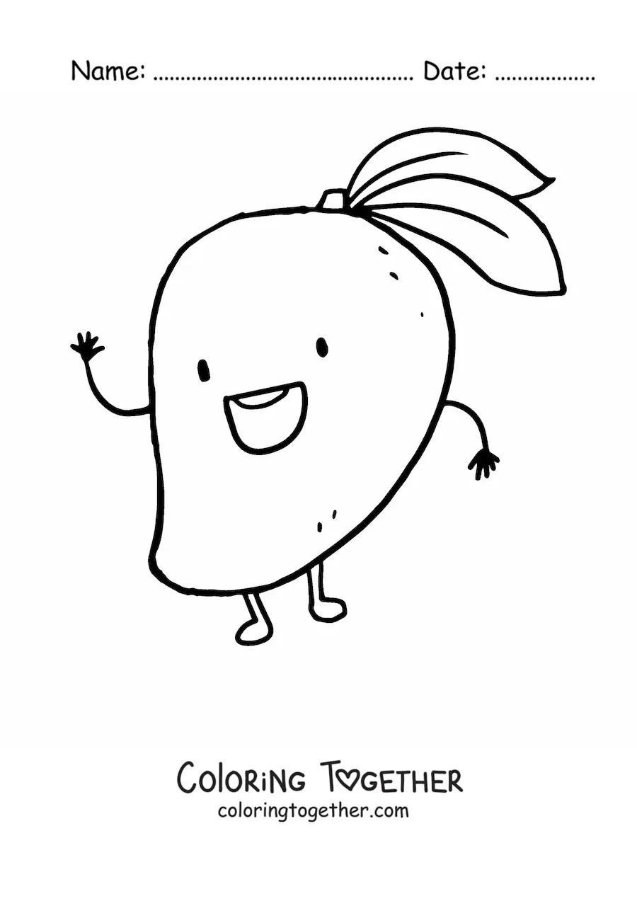 Coloring page of a cartoon mango waving