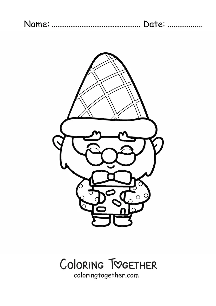 Coloring page of a cute kawaii gnome with a gift