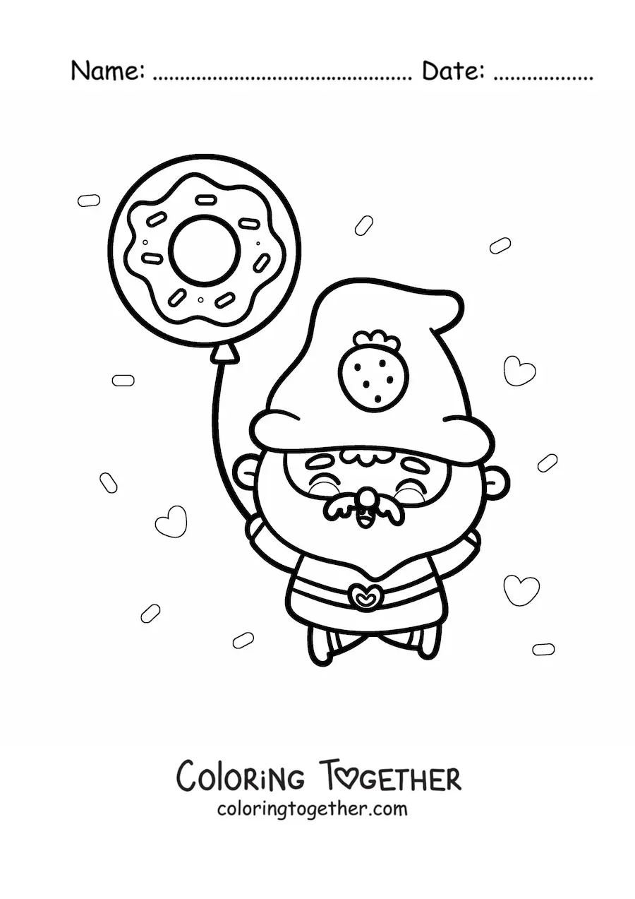 Coloring page of a cute kawaii gnome with a donut balloon