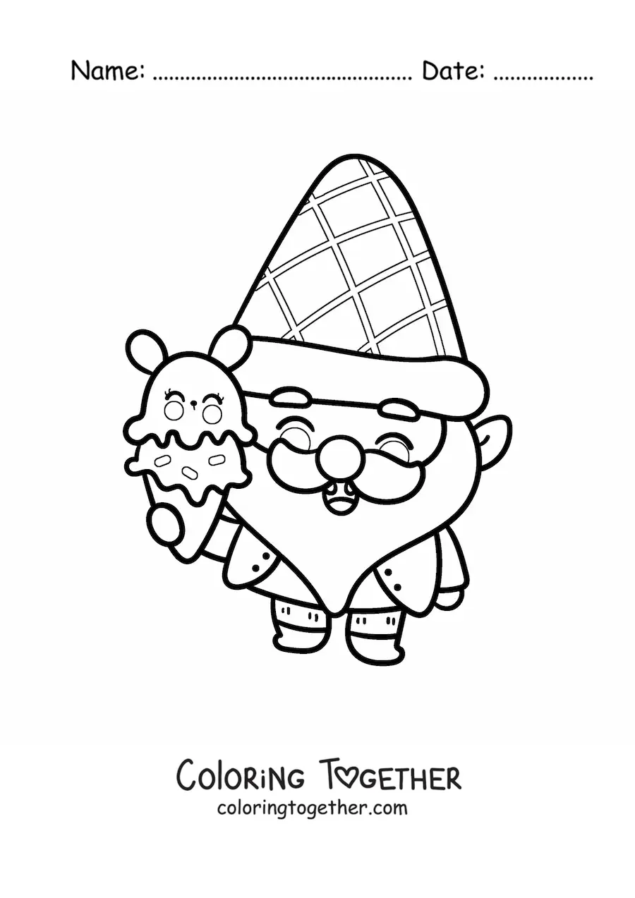 Coloring page of a cute kawaii gnome with an ice cream cone