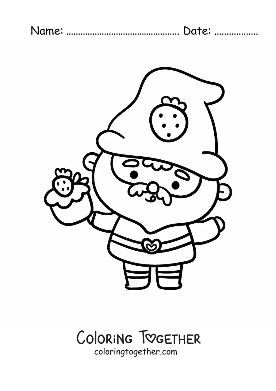 Coloring page of a cute kawaii gnome with a strawberry cupcake