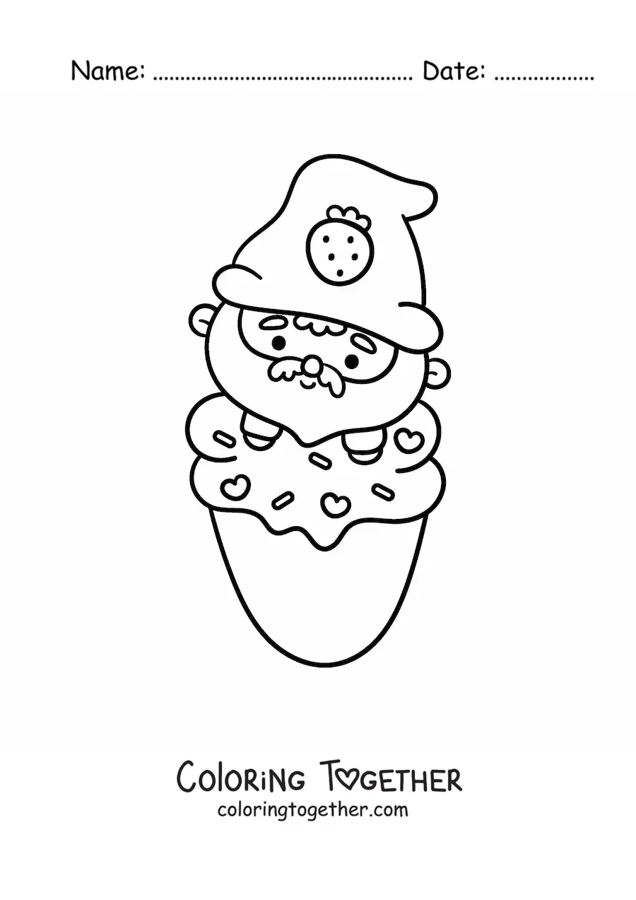 Coloring page of a cute kawaii gnome on a strawberry ice cream